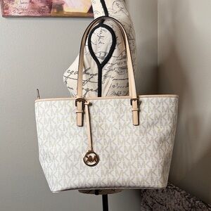 Michael Kors Signature White and Tan Tote